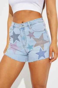 Womens Medium Jean Shorts 80's Denim Retro Star Studded Jr. Sz 11 $39 NWT SALE - Picture 1 of 7