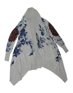 DESIGUAL Womens Asymmetric Open Cardigan Sweater UK 12 Medium Grey Floral AZ10 - Picture 1 of 3