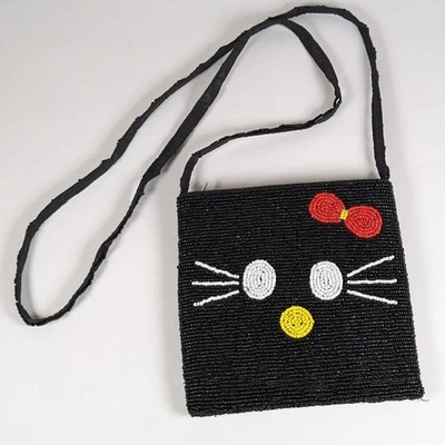 Retro Hello Kitty Face Black Beaded Shoulder Bag Purse Crossbody Red Bow  - Image 1 of 4