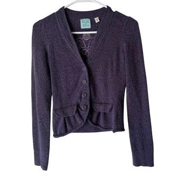 Kimchi Anthropologie Purple Wool Blend Cardigan Sweater Ruffle Feminine Fairy - Image 1 of 4