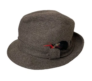 VTG MCM Brown Tweed Herringbone Fedora Wool Hat W/Feather Size 7 1/8 Dapper - Picture 1 of 12