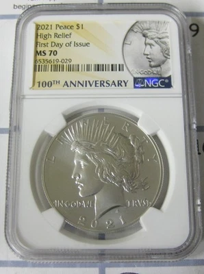 2021 NGC MS70 Silver Peace Dollar $1 US Coin Philadelphia Mint  FDIC High Relief - Image 1 of 2