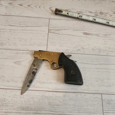 Pocket Knife Mini Revolver Pistol Gun Shaped Brass Folding Vintage Metal - Image 1 of 4