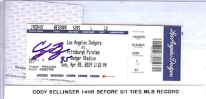 Cody Bellinger Signed Autographed Ticket 24HR Before 5/1 Record PSA 8A55838 - Picture 1 of 2