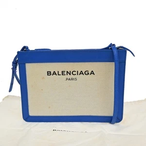 BALENCIAGA Logo 2Way Shoulder Clutch Bag Canvas Leather Beige Blue 62FB962 - Picture 1 of 17