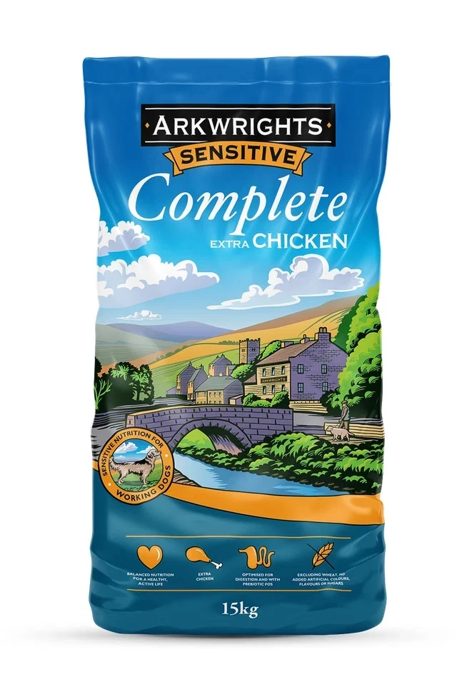 BRANDED Arkwrights Sensitive Complete Dry Dog Food 15kg with extra Chicken Wheat-Free