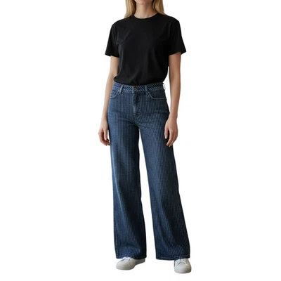 ModCloth Wide Leg Jeans Womens 16 Blue Pinstripe High Rise Stretch Denim Retro - Image 1 of 4