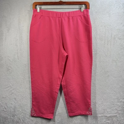 Quacker Factory Pull On Knit Crop Pants Size M Pink Embellished Pockets - Image 1 of 4