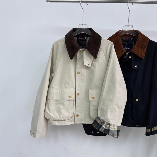 OFF WHITE Barbour Giacca con Tasca sul Bavero Vintage Velluto a Coste Corto Trench Coat Senza Cera