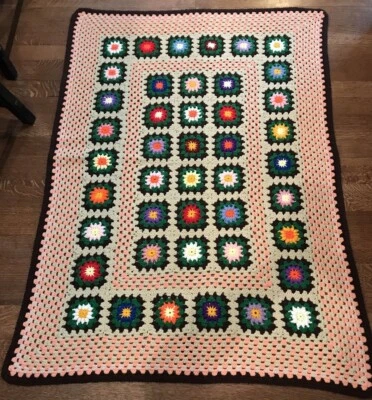 Crochet Granny Square "Roseanne" Afghan Blanket 58 x 42 Vintage Brown Pink Green - Image 1 of 4