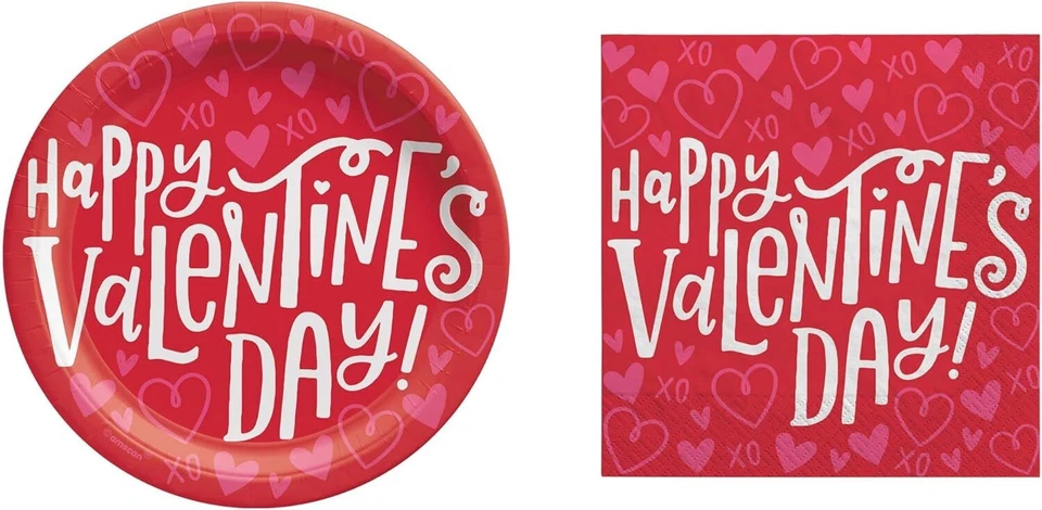 Love Notes Red Hearts Valentine's Day Holiday Theme Party Plates & Napkins Set - Image 1 of 1
