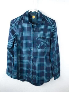 EDDIE BAUER Flannel Button Up Shirt Blue Green Windowplane Plaid Womens SZS A4 - Picture 1 of 4