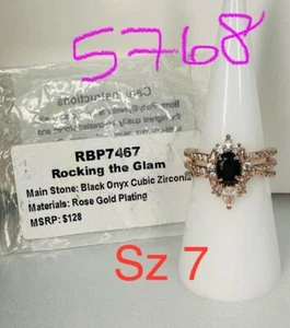 NIB Ring Bomb Party Sz7 RBP7467 Rocking The Glam Black Onyx CZ Rose Gold Pl - Picture 1 of 7