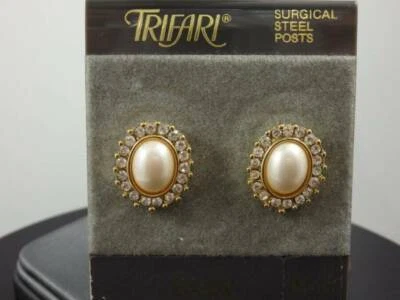 Pendientes Trifari Ovalados Perla Cristal Halo Tono Dorado Post - NUEVO en Tarjeta Foto 1 de 2