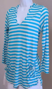 ELLA MOSS Women's Turquoise White Stripe Hoodie Long Sleeve Tunic Top Sz S - Picture 1 of 7