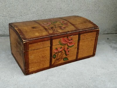 Ancien coffret de mariage peint art populaire suisse ? Normand ? Bois cheville - Photo 1/4