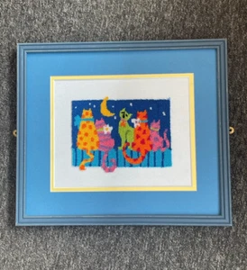 FRAMED COMPLETED PUNCH NEEDLE: MIDNIGHT CATS: 38 x 33cm - Picture 1 of 1