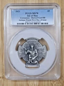 Isola di Man 2021 3 oz. Antica moneta in argento Cernunnos Dio con corna PCGS MS70 FDOI - Foto 1 di 2