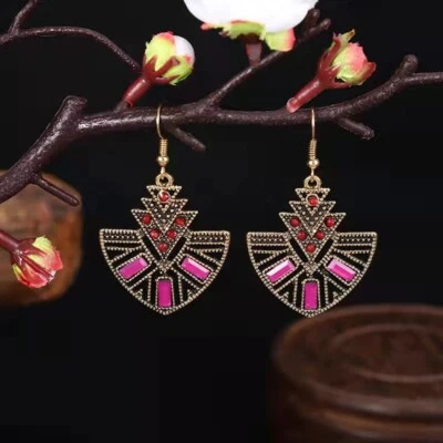 Gorgeous Women Vintage Bohemian Earrings Triangle Shield Colorful Crystal 1499 - Image 1 of 4