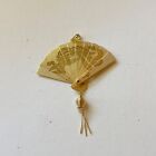 Vintage Oriental Gold Metal Folding Fan Pendant Asian Etched Birds Dragon