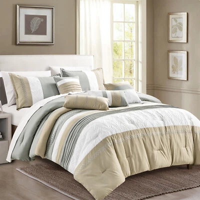 HIG 7 Pieces Taupe Embroidery Luxury Retro Style Comforter Set-Queen King Size
