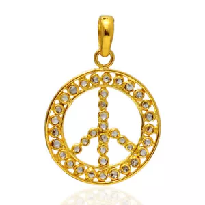 18k Yellow Gold Heavy Fashion Peace Sign Pendant Diamond Jewelry - Picture 1 of 6