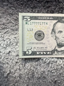 $5 2013 Binary Fancy Serial Number 1’s & 7’s (Near) Radar     17777177 - Picture 1 of 4