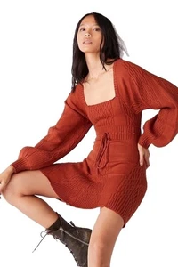 Mini Vestido Corto Free People Para Mujer Canela Manga Larga Cuello Cuadrado Talla XL - Imagen 1 de 8