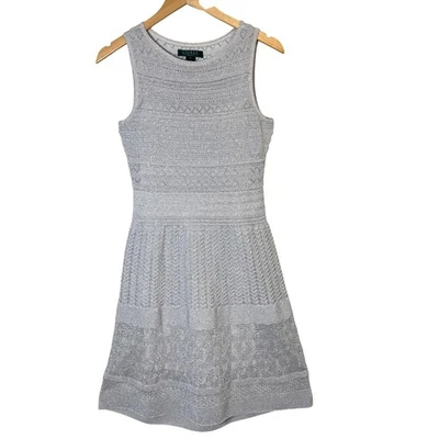 Ralph Lauren Womens Dress Medium Petite Knit Metallic Silver Sleeveless Festive - Image 1 of 4