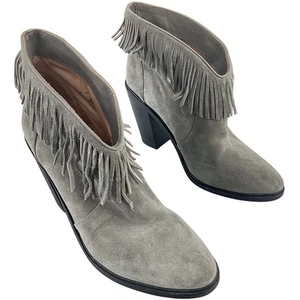Joie Gray Suede Leather Fringe Heeled Ankle Bootie Women's Size 9 Preowned - Picture 1 of 6