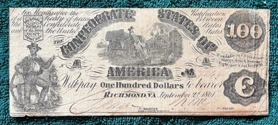 Confederate Currency. $100 - 1861 - T-13 Loading Cotton. Great Condition!!  - Image 1 of 4