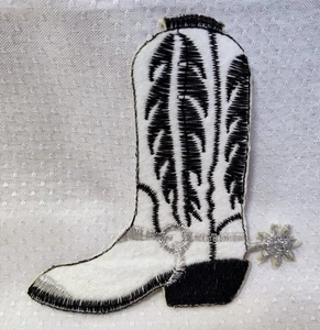 Embroidered Iron-On Patch*Black & White & Silver Cowboy Boot*3.5" tall*New - Picture 1 of 4