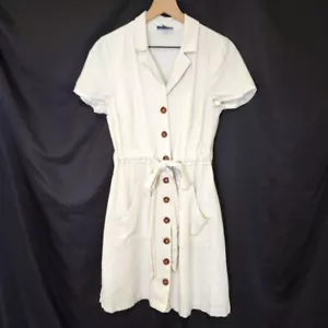 ModCloth Women's Linen Blend Shirt Dress Size M White Classic Preppy Coastal - Picture 1 of 6