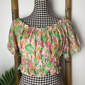 Sportsgirl Top Size 14 Crop Green Pink Off Shoulder Cotton - Picture 1 of 8