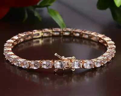 Brazalete de tenis Morganita 7 pulgadas enchapado en oro rosa de 14 quilates corte ovalado de 12 quilates creado en laboratorio Foto 1 de 4