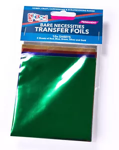 10 HOJAS LÁMINAS DE TRANSFERENCIA SURTIDOS COLORES ROJO AZUL VERDE PLATA Y ORO S57067 - Imagen 1 de 2