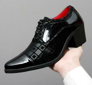 Mens Patent Leather Mid Cuban Heel Shoes Pointed Toe Lace Up Formal Dress Oxford