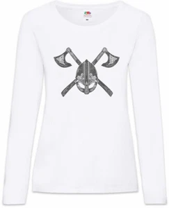 Viking Helmet & Axes Damen Langarm T-Shirt Vikings Walhalla Wikinger Helm Axt - Picture 1 of 1