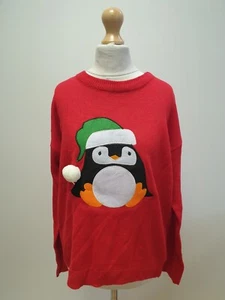 VV561 WOMENS BRAVE SOUL RED PENGUIN CREW NECK CHRISTMAS JUMPER UK L 12 EU 40 - Picture 1 of 5