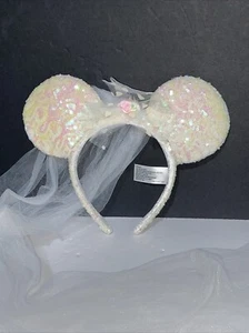 Disney Parks Ears White w Veil Pink Rose Holographic Colors Wedding Costume - Picture 1 of 4