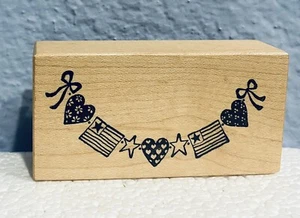 Bandiera cuore stella banner 4 luglio timbro gomma montato su legno PSX E-457 NUOVO - Foto 1 di 3