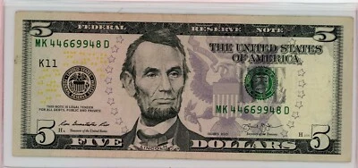 $5 FRN Series 2013 Dallas Fancy MK 44669948 D TRIPLE PAIRS TOGETHER - Image 1 of 2