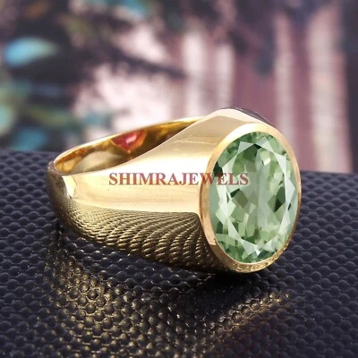 Natural Green Amethyst Gemstone With 14K Gold Plated Silver Men's Ring #485 - Image 1 of 4