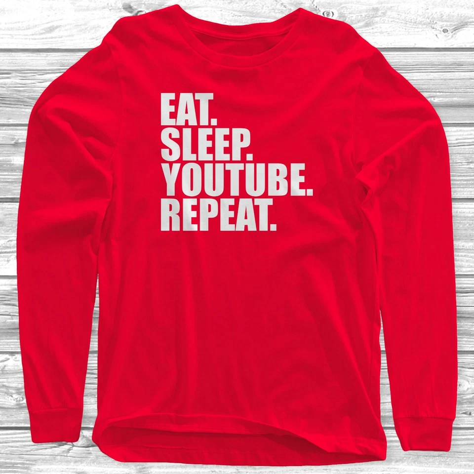 FRUIT OF THE LOOM Eat Sleep Youtube Repeat Long Sleeve T-Shirt Funny Youtuber Childrens Kids