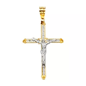 GOLD - 14K Two Tone Cubic Zirconia Crucifix Cross Pendant - Picture 1 of 4