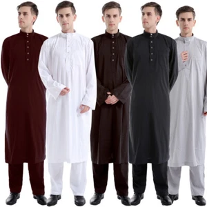 Men Outfits Saudi Thobe Jubba Thoub Muslim Men Kaftan Pants Dishdasha Arab Robe - Picture 1 of 15