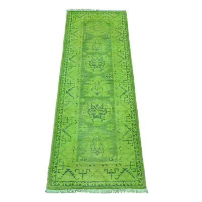 2'x5'5" Green Overdyed Kazak Tribal Design Wool Hand Knotted Runner Rug R20679 - Image 1 of 4