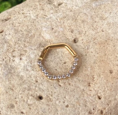 1шт CZ драгоценный камень шестиугольник на петлях сегмент кольцо 16g перегородки кликер спираль орбитальный Daith - Изображение 1 из 3