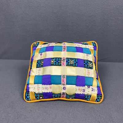 Handmade Multicolor Satin & Embroidered Decorative Patchwork Cushion Pillow 8x8" - Image 1 of 4