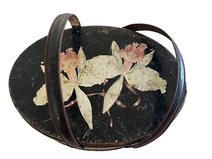 Vintage Old Tin Metal Sewing Box With Handles Black Floral - Picture 1 of 10